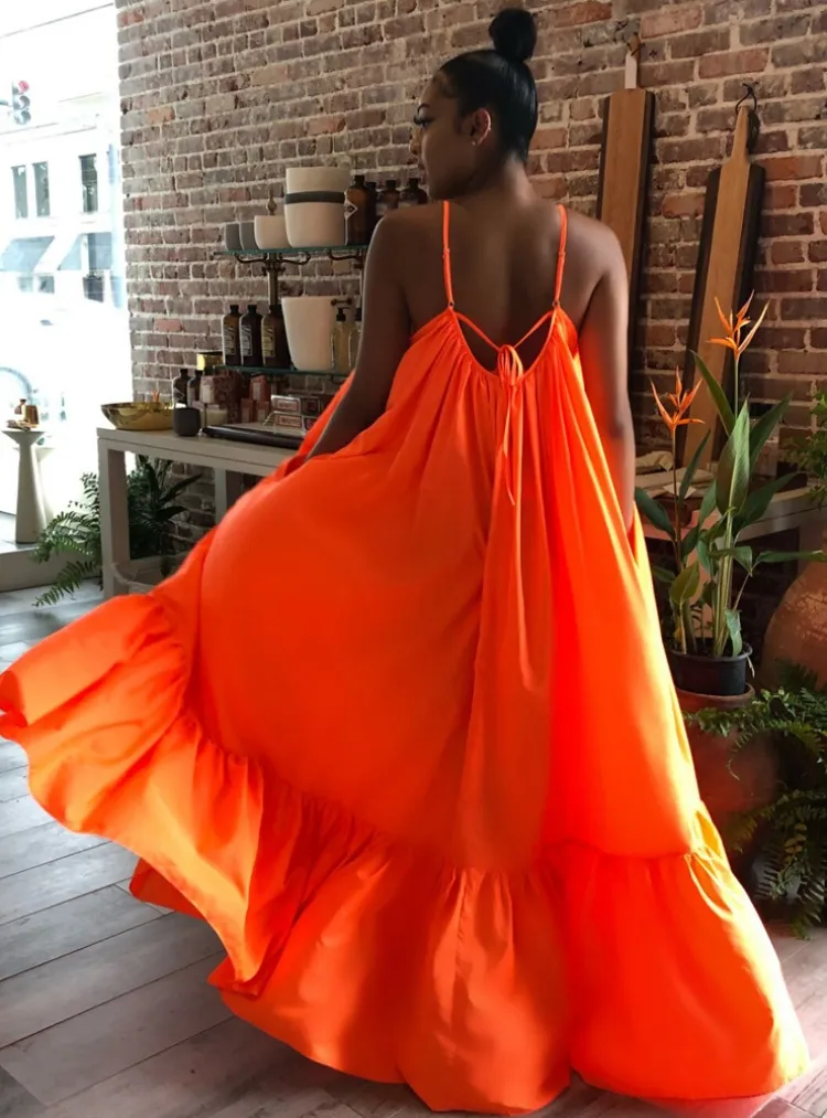 Women Summer Orange Strap Solid Color Boho Swing Long Maxi Dress