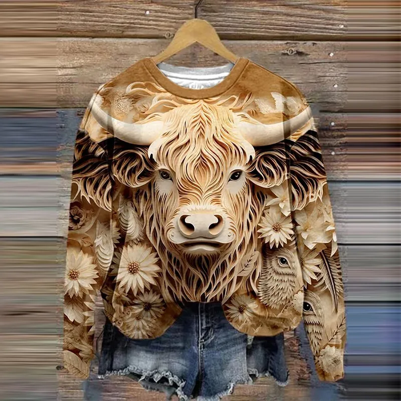 3D Highland Cow Print Casual Sweatshirt