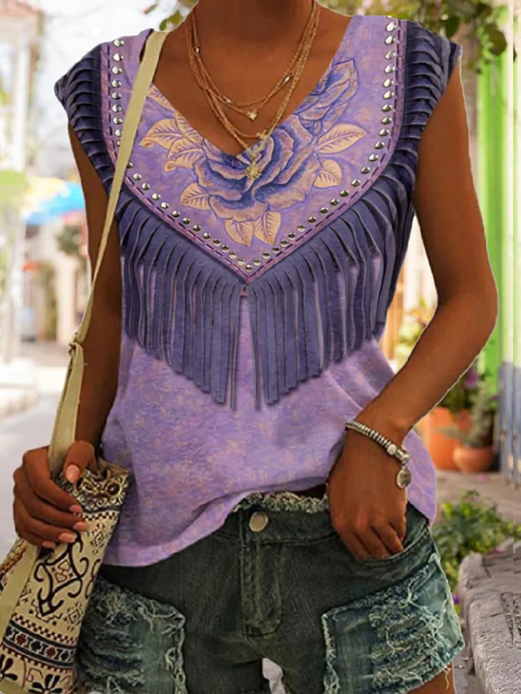 Western Floral Tribal Tassels Printed Tank Top