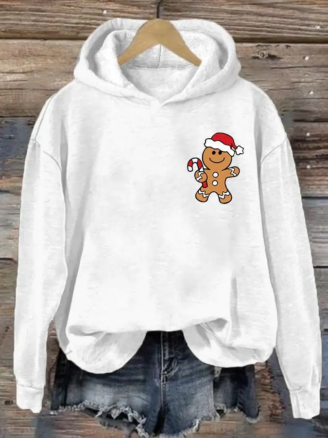 Women's Christmas Gingerbread Man Print Casual Hooded