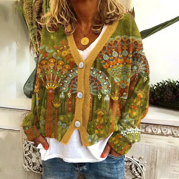 Vintage  Geometric Fan Pattern Women'S Cardigan Sweater