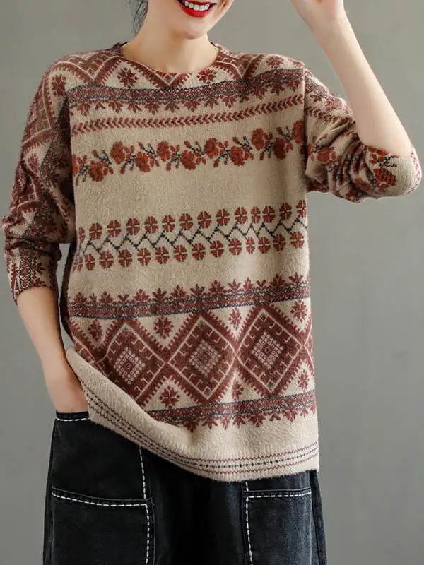 Vintage National Printed Red Striped Round-Neck Long Sleeves Knitted Sweater