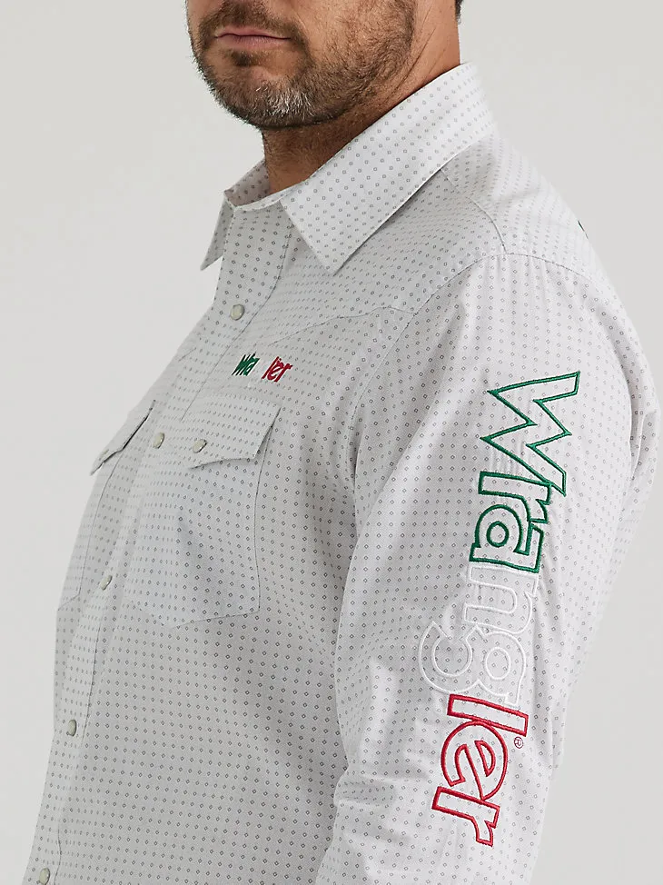 WRANGLER® LOGO MEXICO LONG SLEEVE WESTERN SNAP SHIRT IN PRINTED WHITE