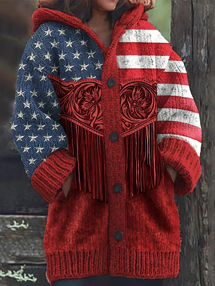 American Flag Inspired Floral Tassels Cozy Knit Hooded Cardigan