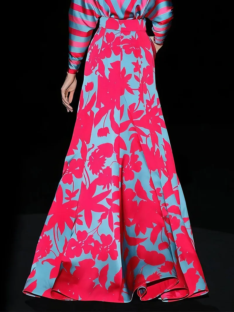 Floral Print Deep V-Neck Long Sleeve Floor Length Dress