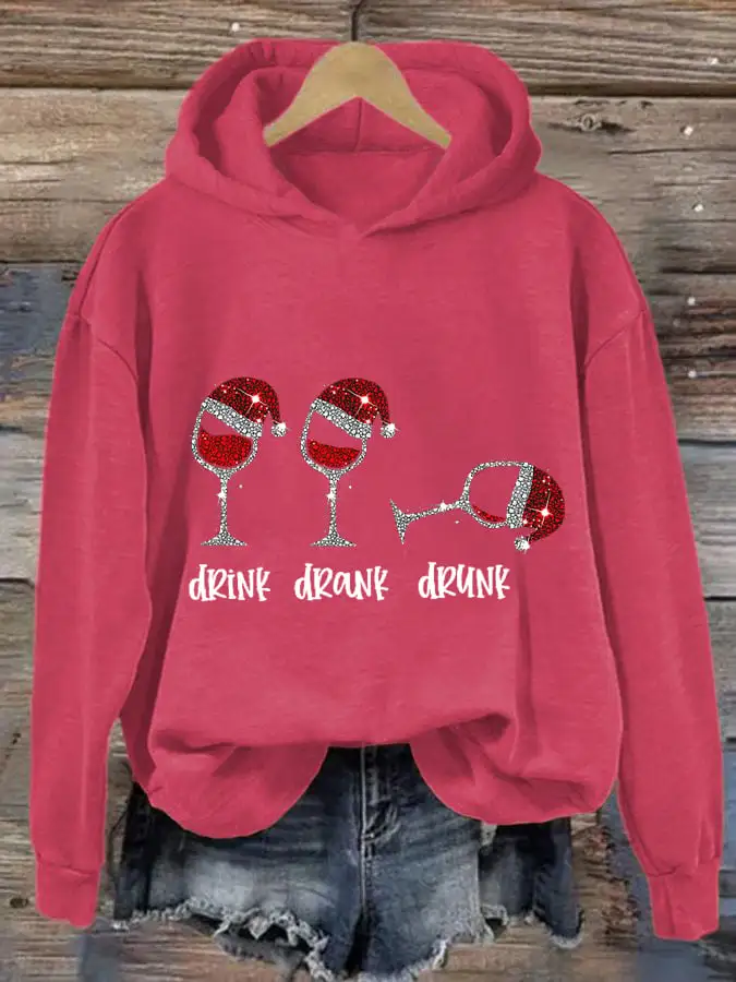 Women's Funny Christmas Drink Drank Drunk Red Wine Glass Casual Hoodie