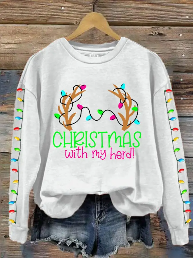 Women's Christmas With My Herd Print Crew Neck Sweatshirt