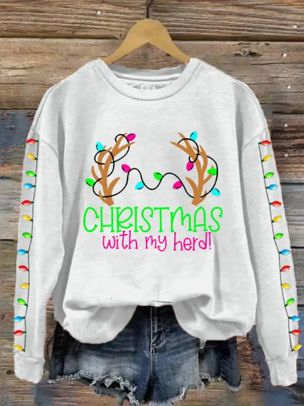 Women's Christmas With My Herd Print Crew Neck Sweatshirt