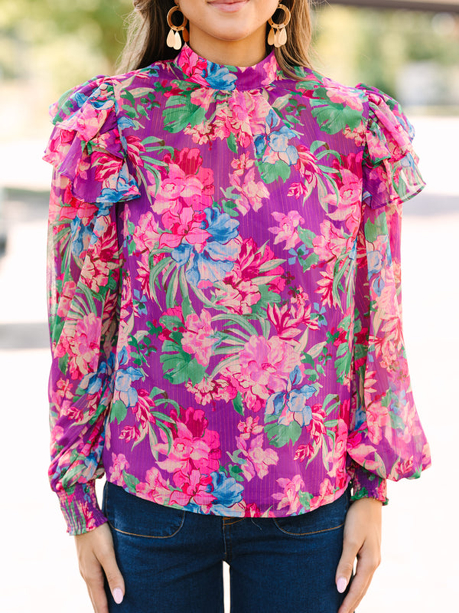 Half Stand Neck Purple Floral Blouse