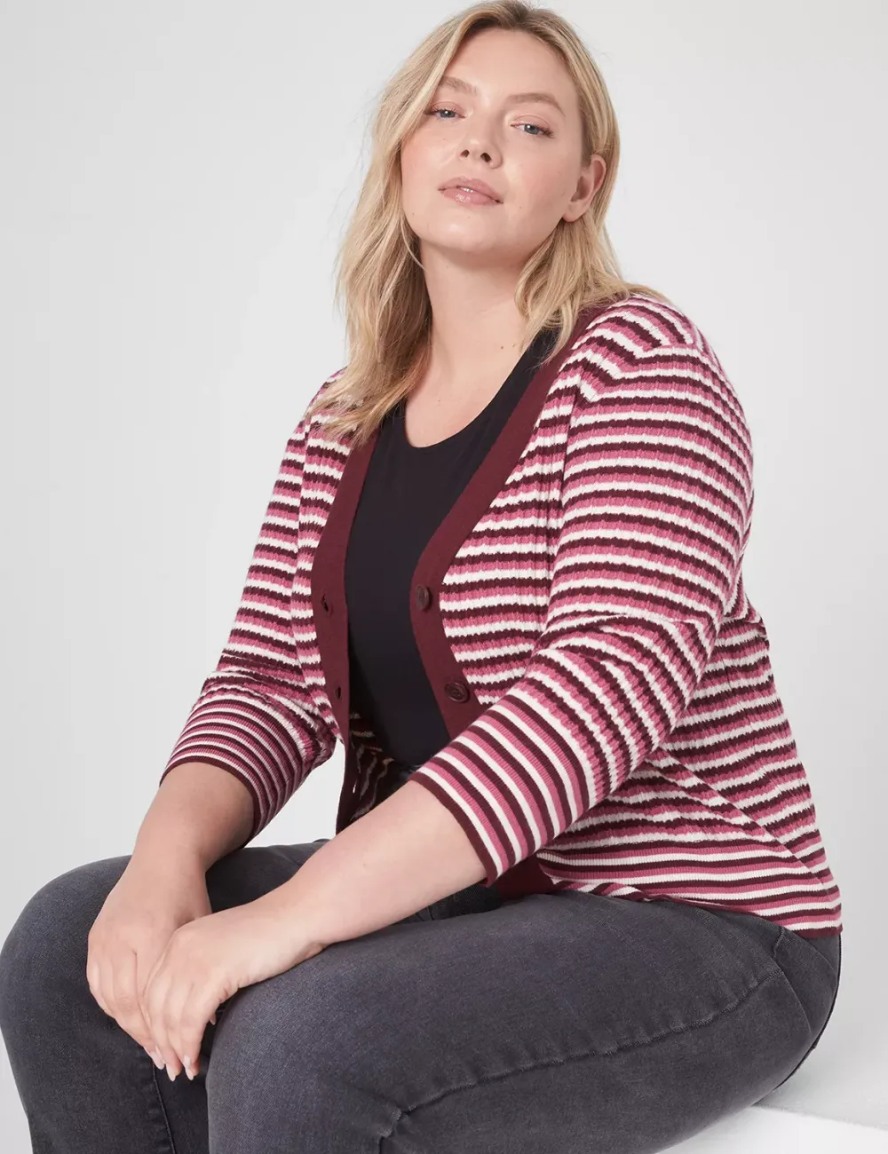 Classic 3/4-Sleeve V-Neck Button-Front Cardigan - Stripe