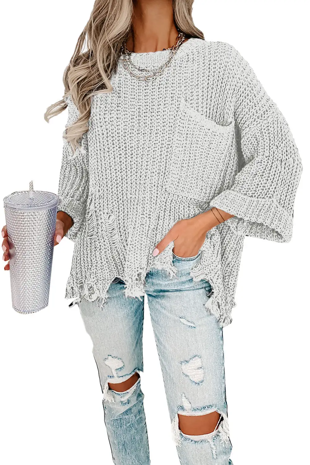 Ripped Raw Hem Chunky Pullover Sweater