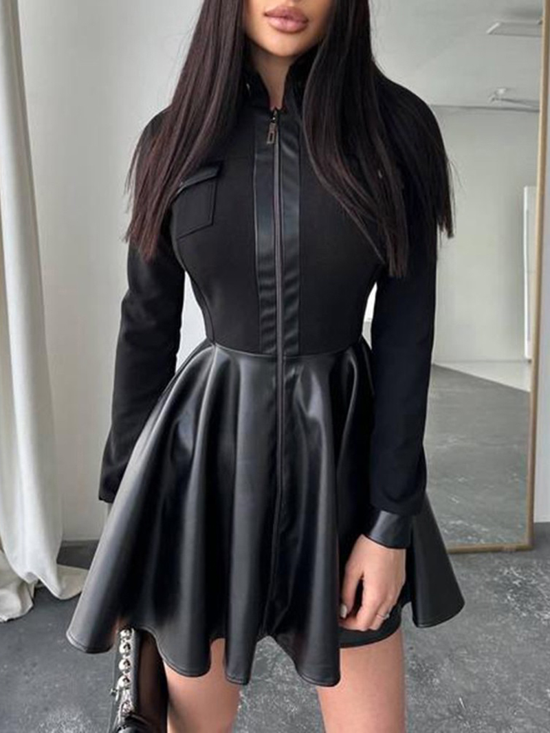 Casual long-sleeve leather panel dress