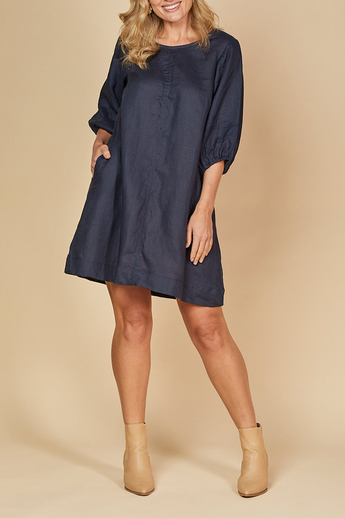 Hazel Short Linen Shift Dress in Navy