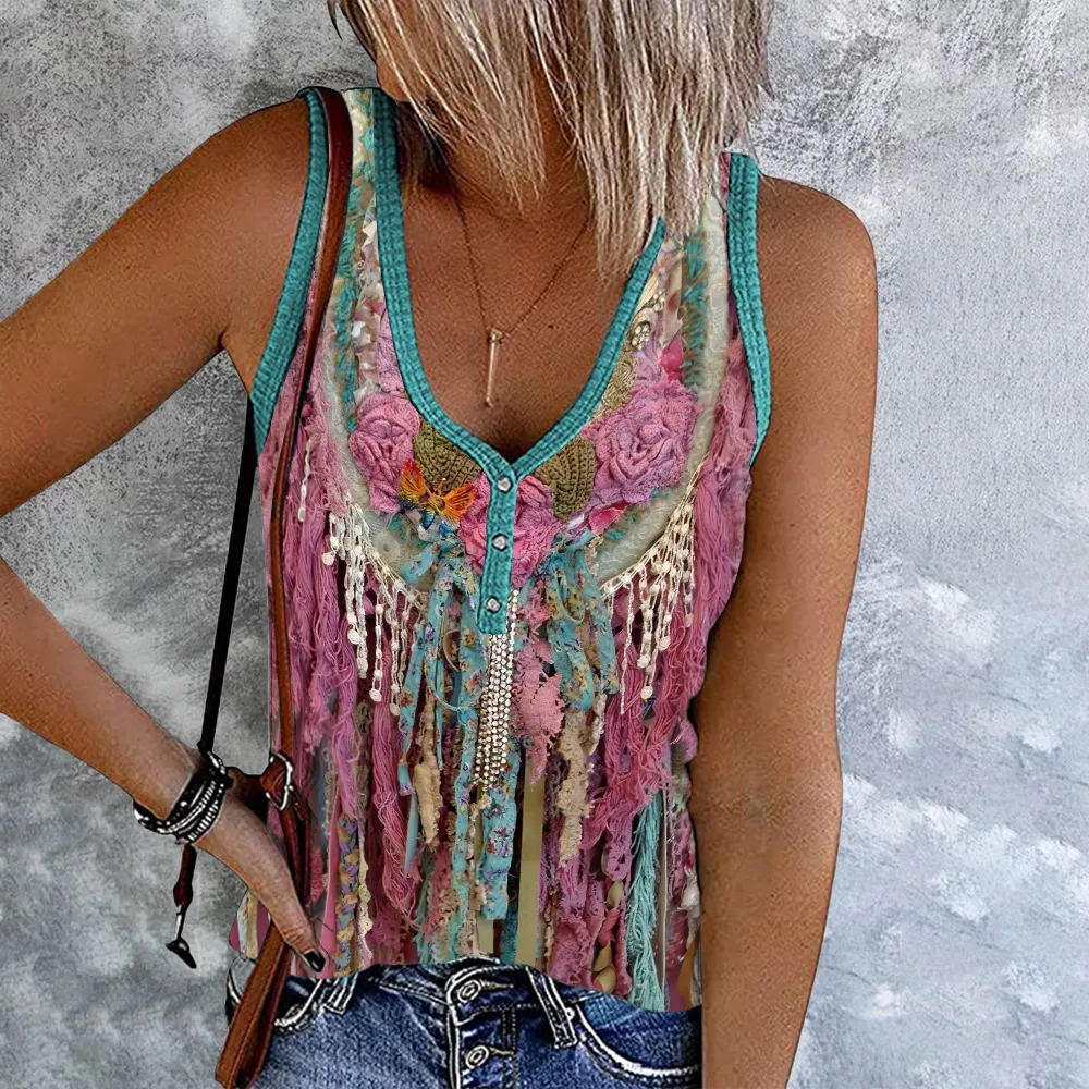 Western Fringed Print V-Neck Sleeveless Tank Top