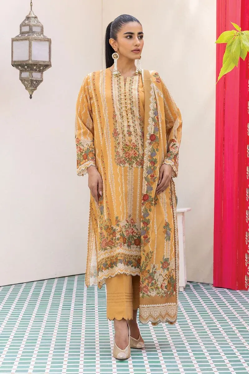 3 Piece Kurta Embroidered | Dupatta& Bottom & Tops | Color ginger yellow