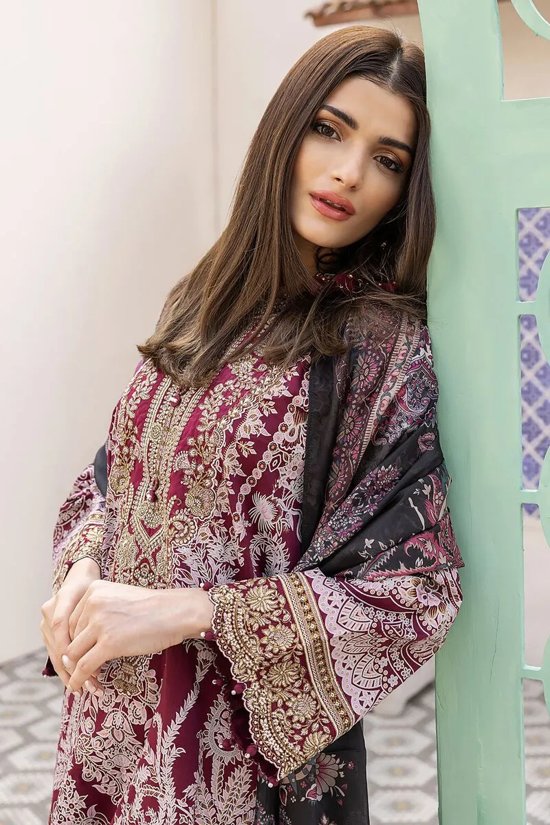 3 Piece Kurta Embroidered | Dupatta& Bottom & Tops | Color Claret