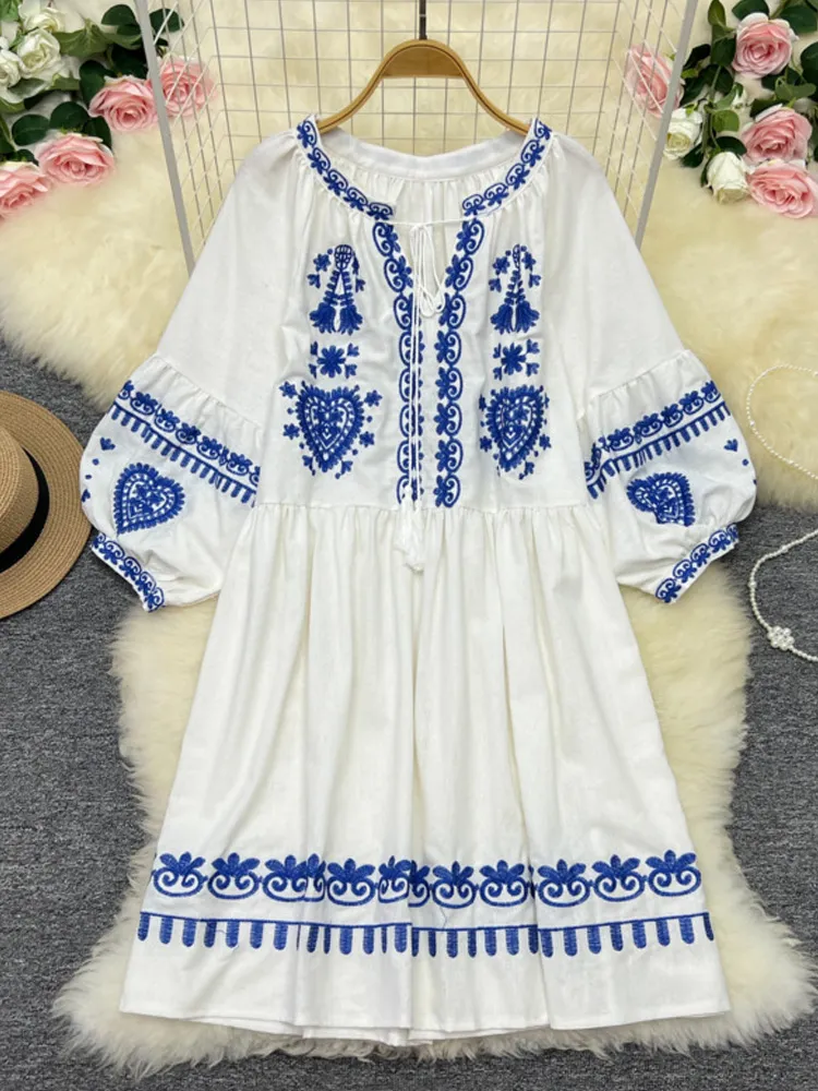 Women's Casual Retro Ethnic Embroidery Cotton Dress