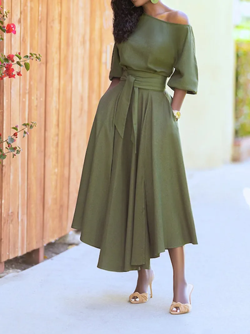 Solid Tie Pocket Long Sleeve Dress