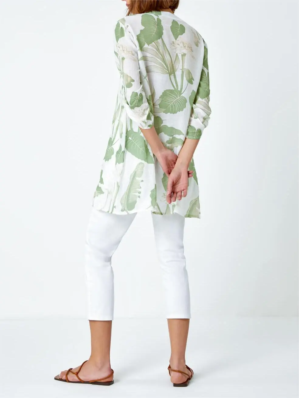 Green Palm Print Wrap Hem Tunic Top