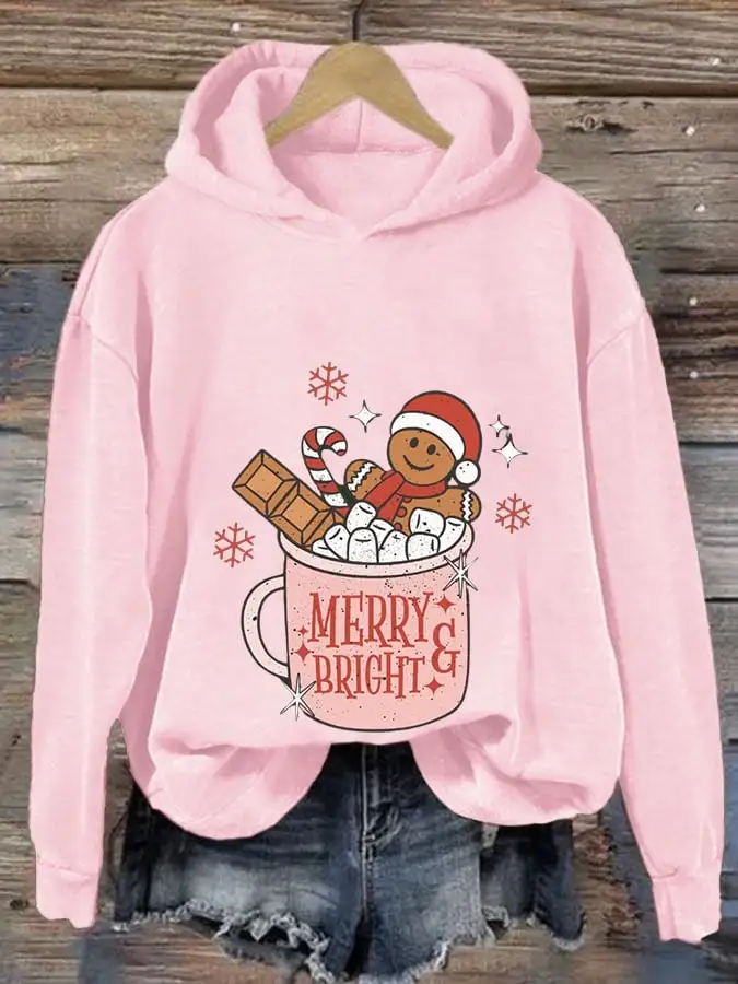 Women's Gingerbread Christmas Merry And Bright Print Casual Hooded