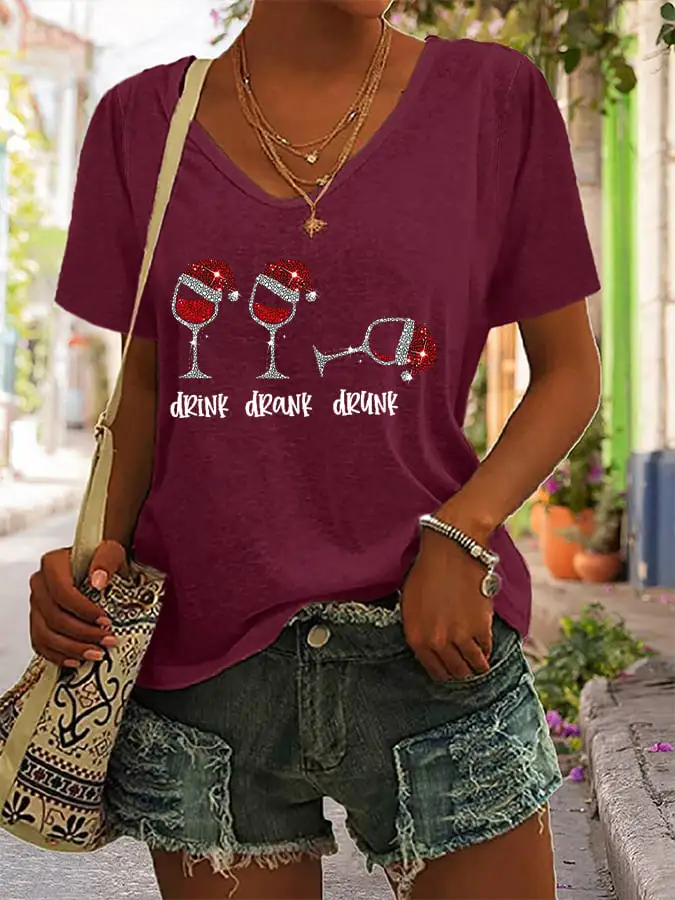 Women's Funny Christmas Drink Drank Drunk Red Wine Glass Casual V-Neck Tee