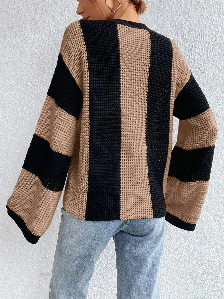 Wide vertical stripe bell sleeve pullover sweater