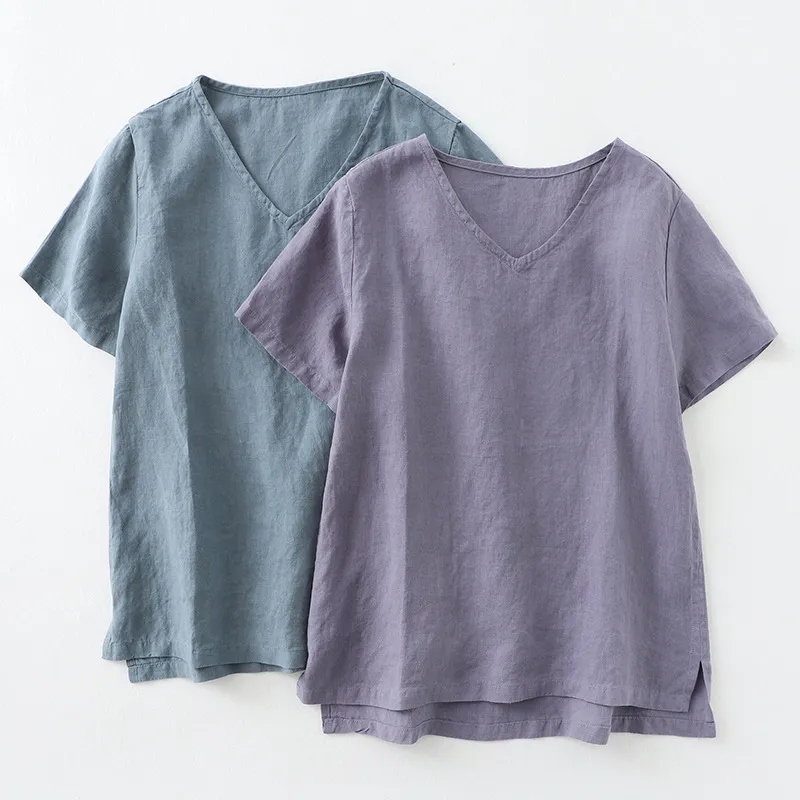 Simple cotton linen V-neck T-shirt