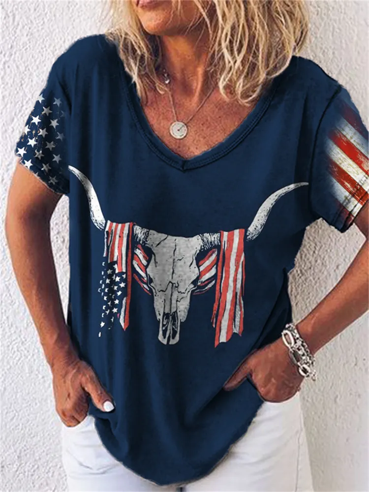 Western Bull Skull Flag Inspired V Neck T Shirt