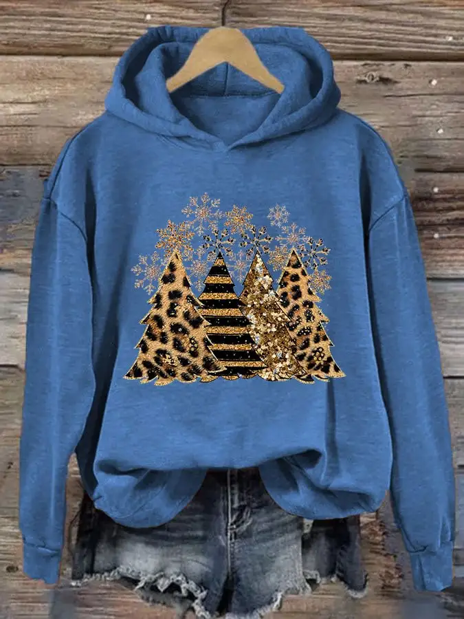 Women's Leopard Stripe Christmas Tree Print Casual Hooded Sweatshirt