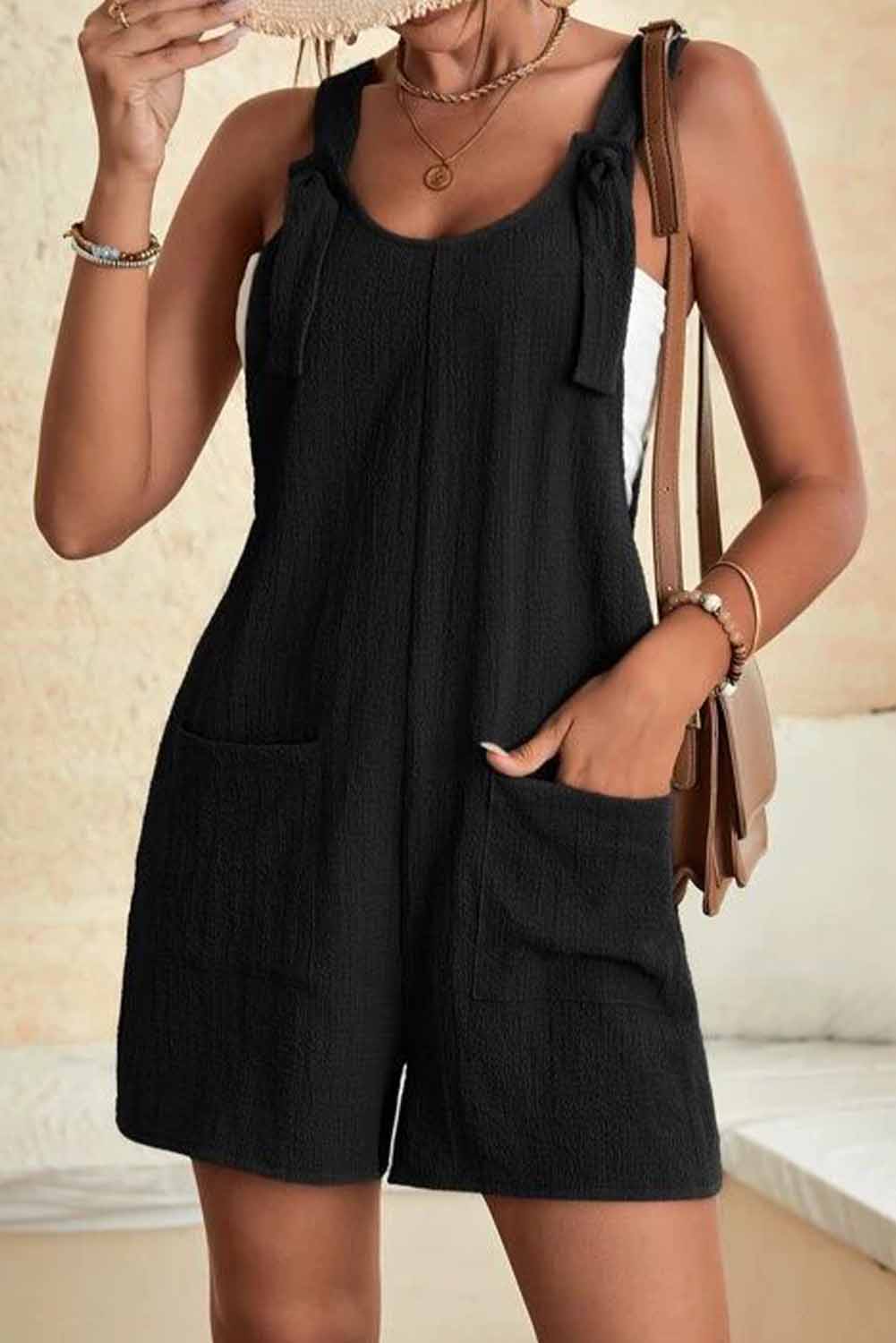 Adjustable Straps Pocketed Textured Romper