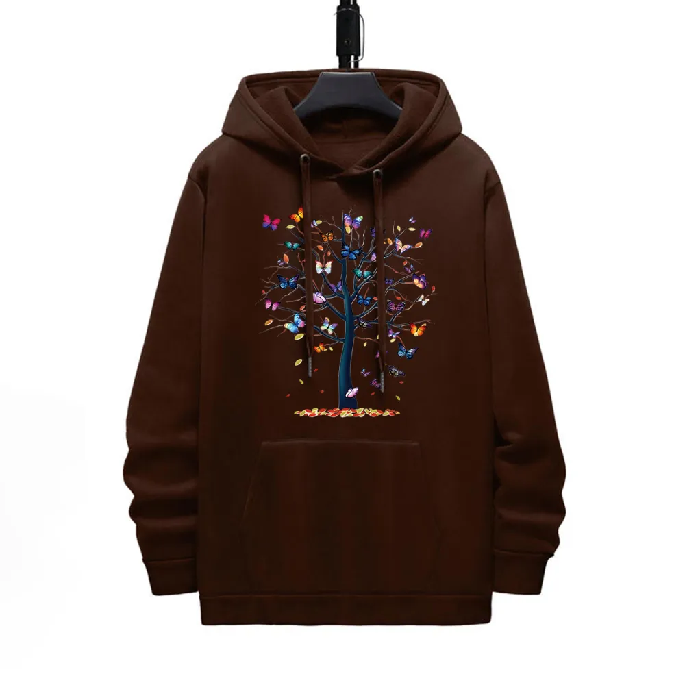 TREE AND BUTTERFLY PATTERN PRINTED HOODIE