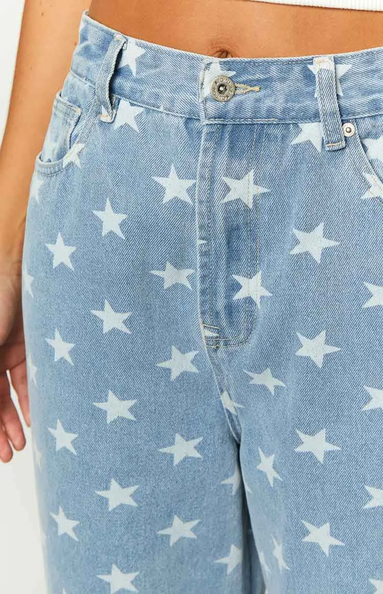 Eli Star Print Mid Wash Wide Leg Denim Jeans