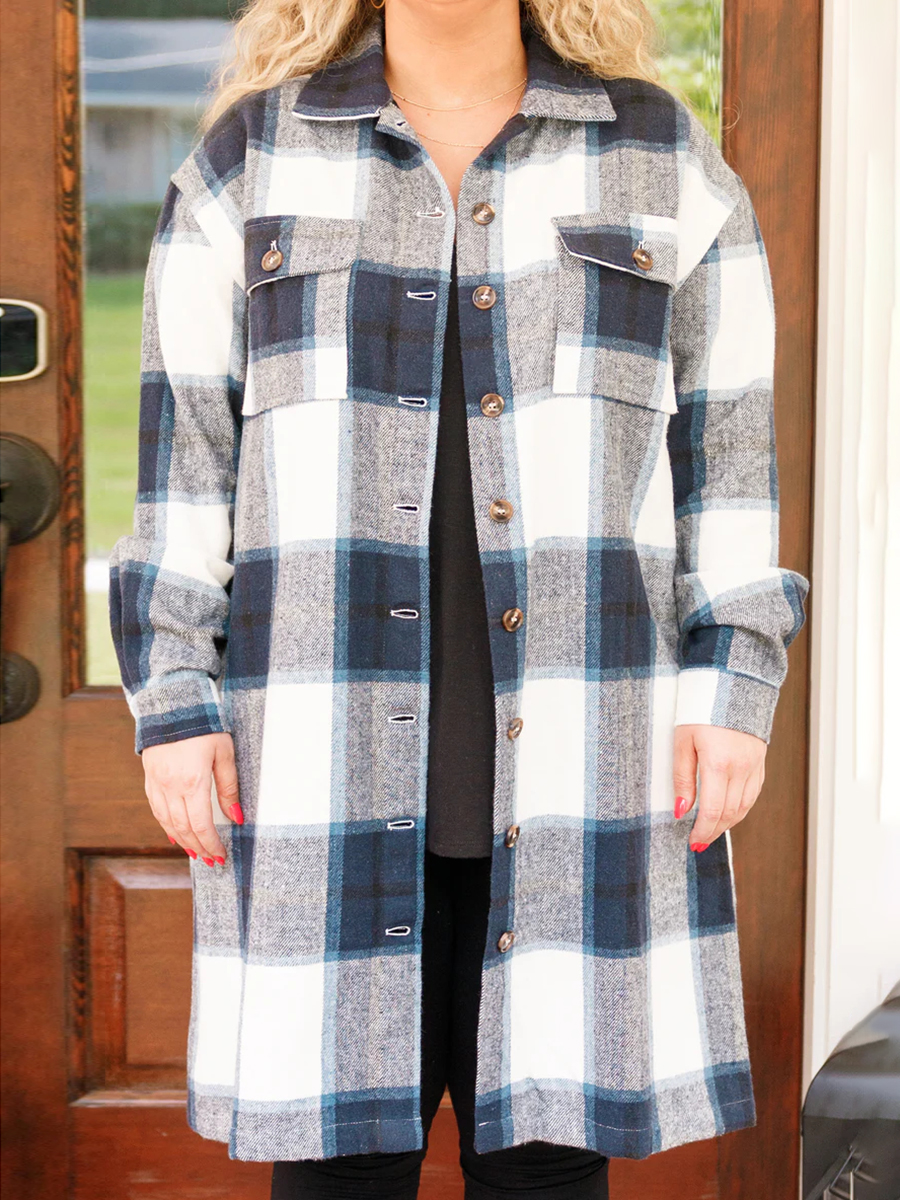 Contrast plaid button mid length jacket