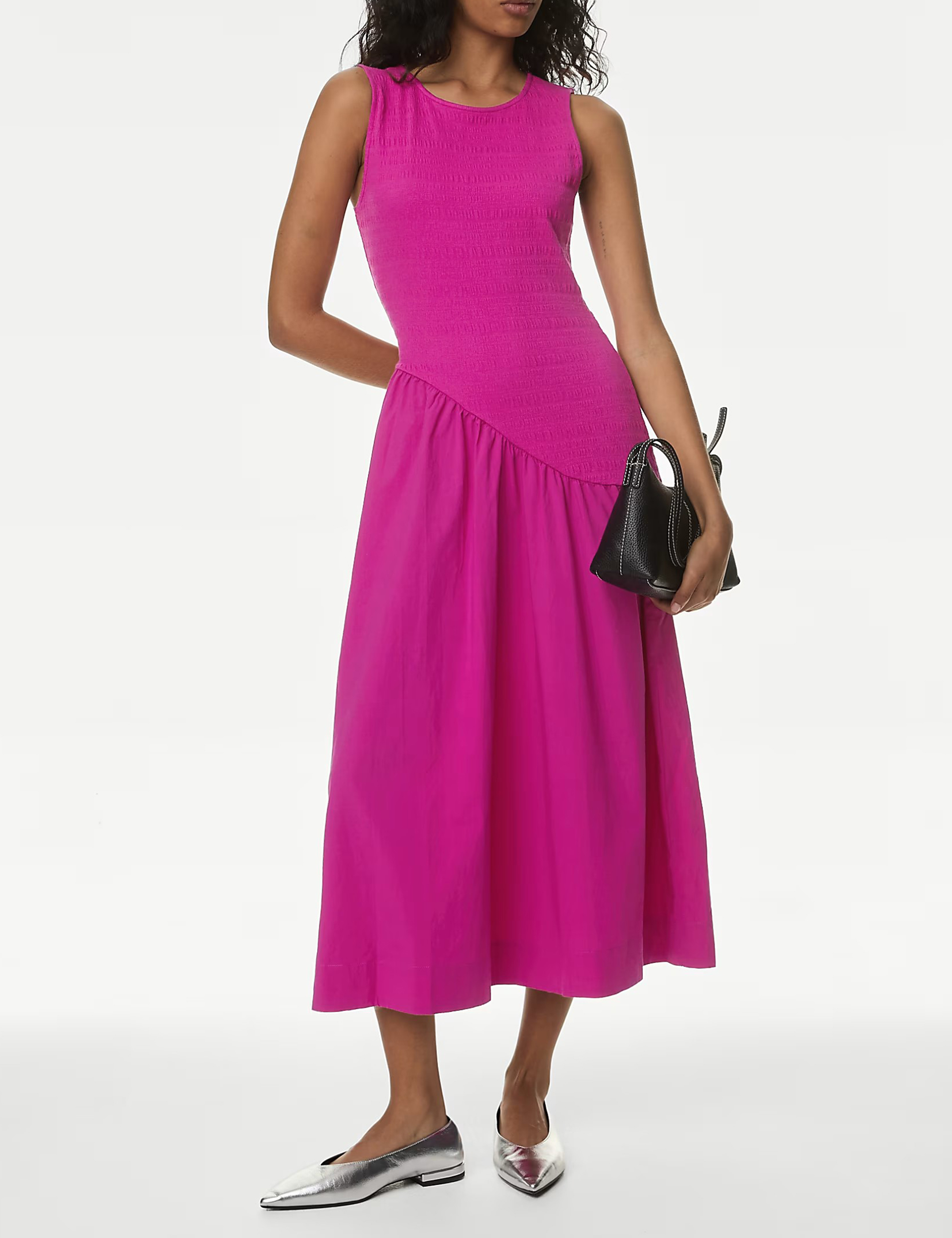 Cotton Blend Textured Midi Drop Waist Dress