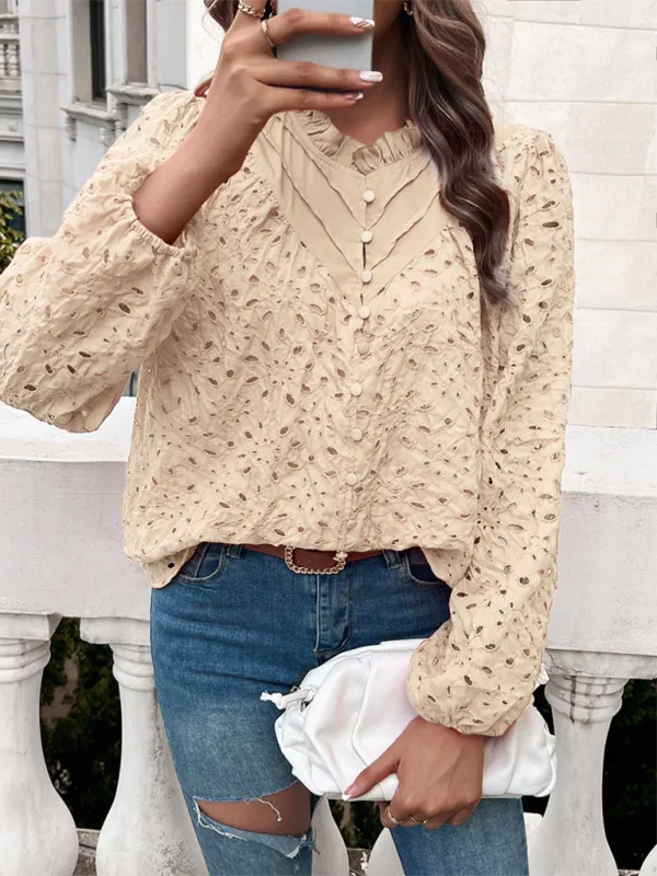 Women's hollow puff sleeve embroidered top