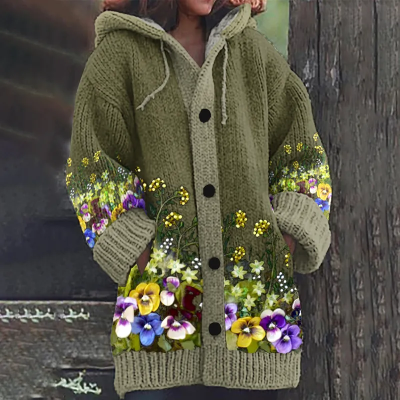 Pansy Floral Art Cozy Casual Hooded Long Cardigan