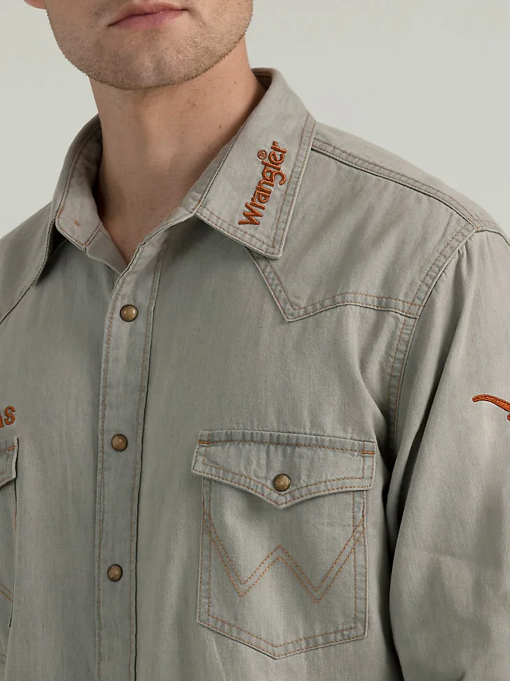 MEN'S WRANGLER COLLEGIATE COWBOY CUT WESTERN SNAP SHIRT IN UNIVERSITY OF TEXAS