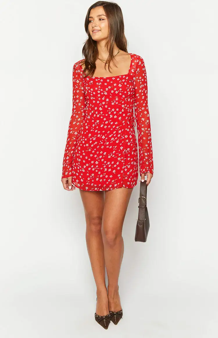 Goldie Red Floral Long Sleeve Mini Dress