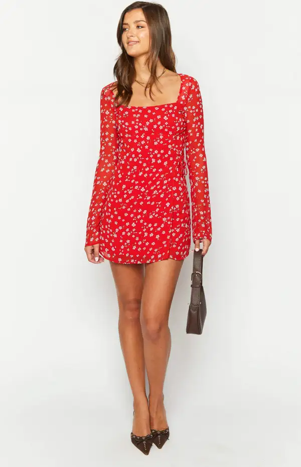 Goldie Red Floral Long Sleeve Mini Dress