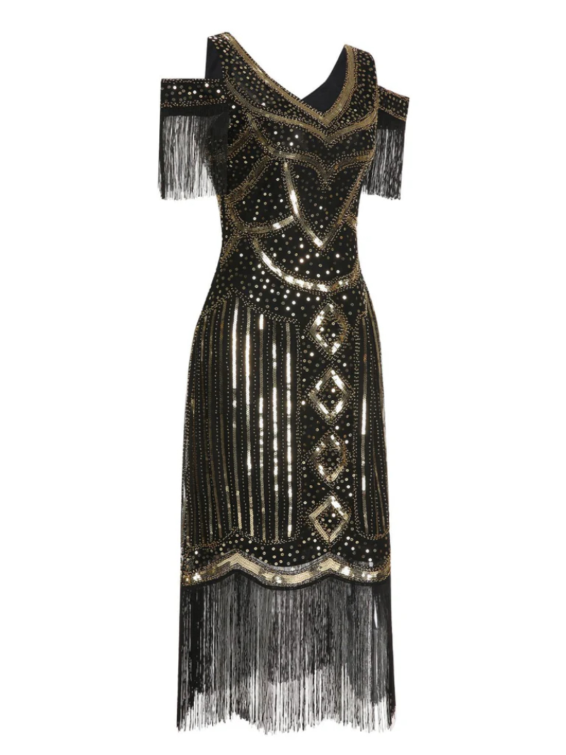 BLACK 1920S ONE-SHOULDER CAPED SEQUINED DRESS