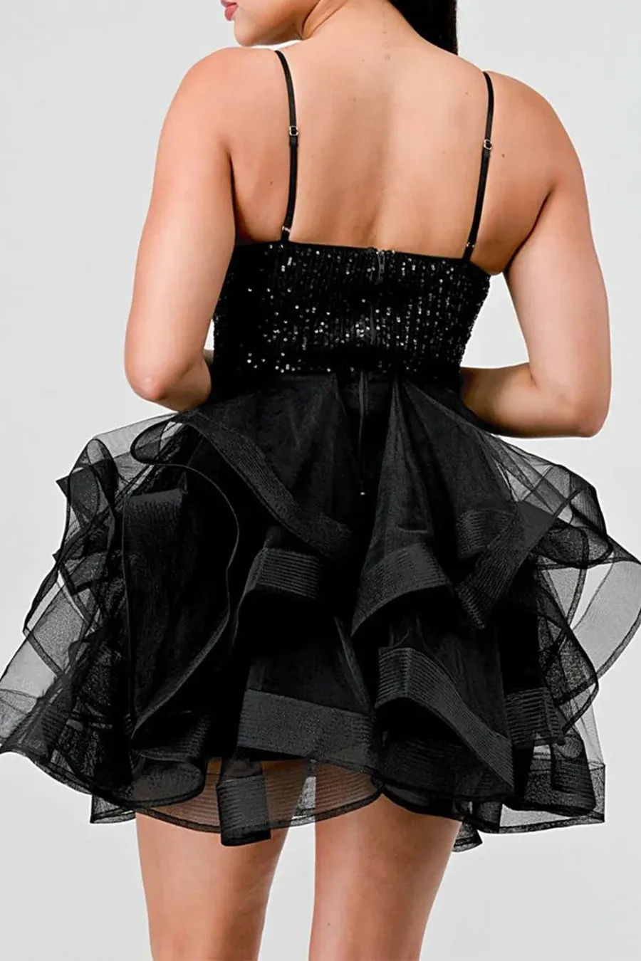 Sequins And Tulle Sweetheart Neck Ruffled Mini Dress