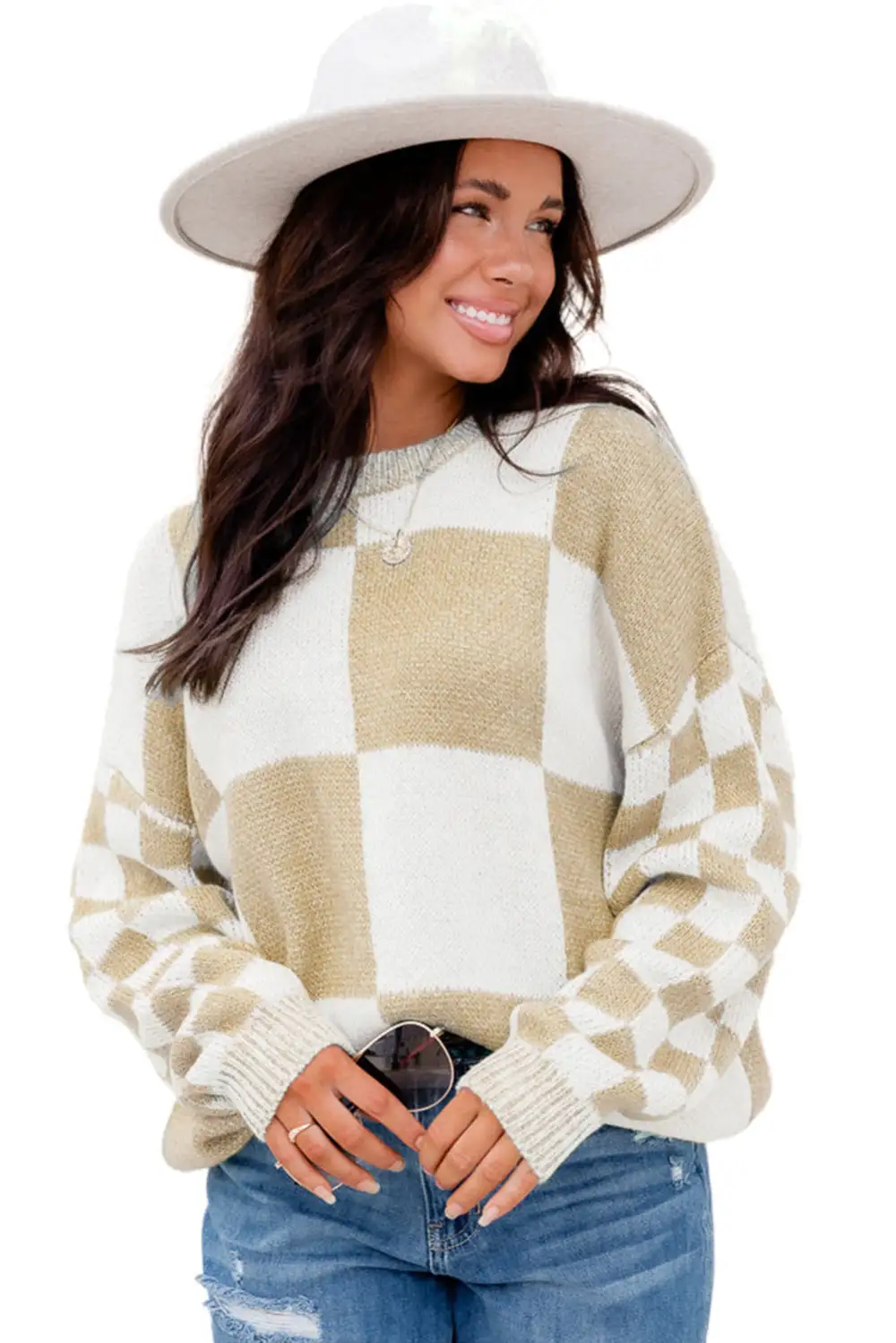 Checkered Print Drop Shoulder Sweater