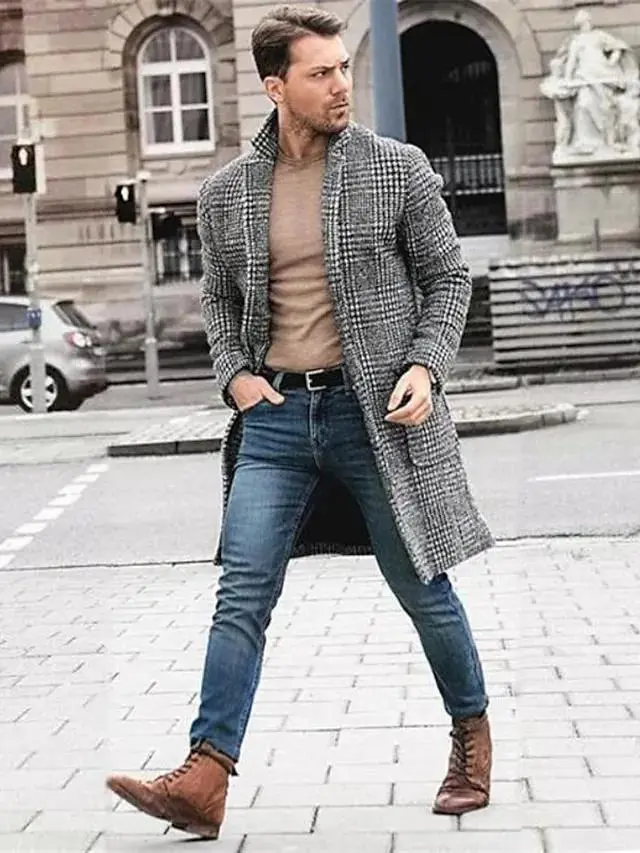 Men's Winter Coat Overcoat Business Casual Fall Winter Polyester Outerwear Clothing Apparel Houndstooth Notch lapel collar Open Front