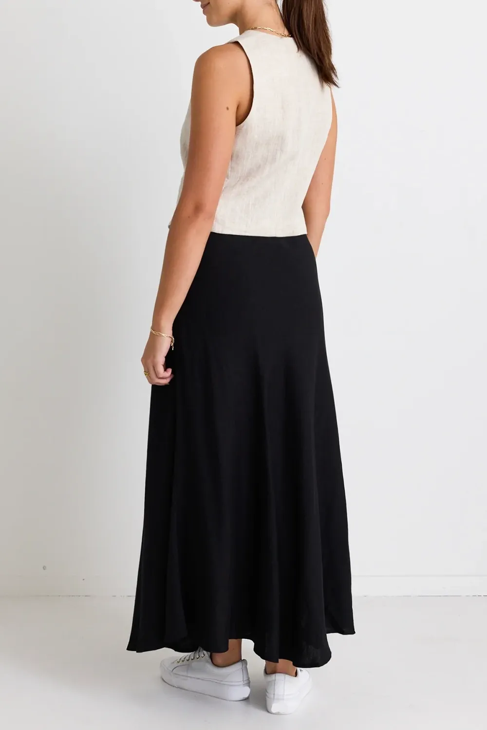 Lagos Black Linen Floaty Bias Cut Maxi Skirt