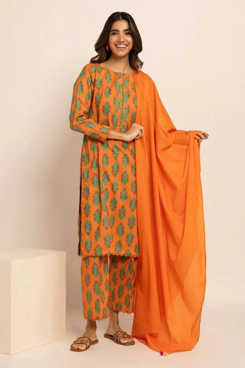 3 Piece Kurta Embroidered | Dupatta& Bottom & Tops | Color Orange