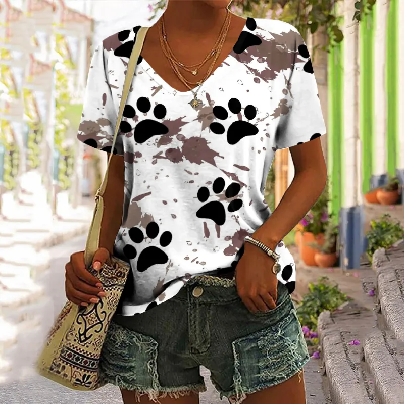 Causal Paw Splash Ink Print Short Sleeve T-Shirt