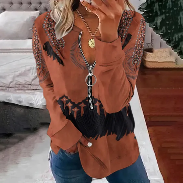 Western Print V-Neck Zipper Long Sleeved Sweatshirt