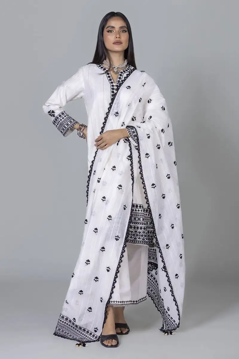 3 Piece Kurta Embroidered | Dupatta& Bottom & Tops | Color Gray and white