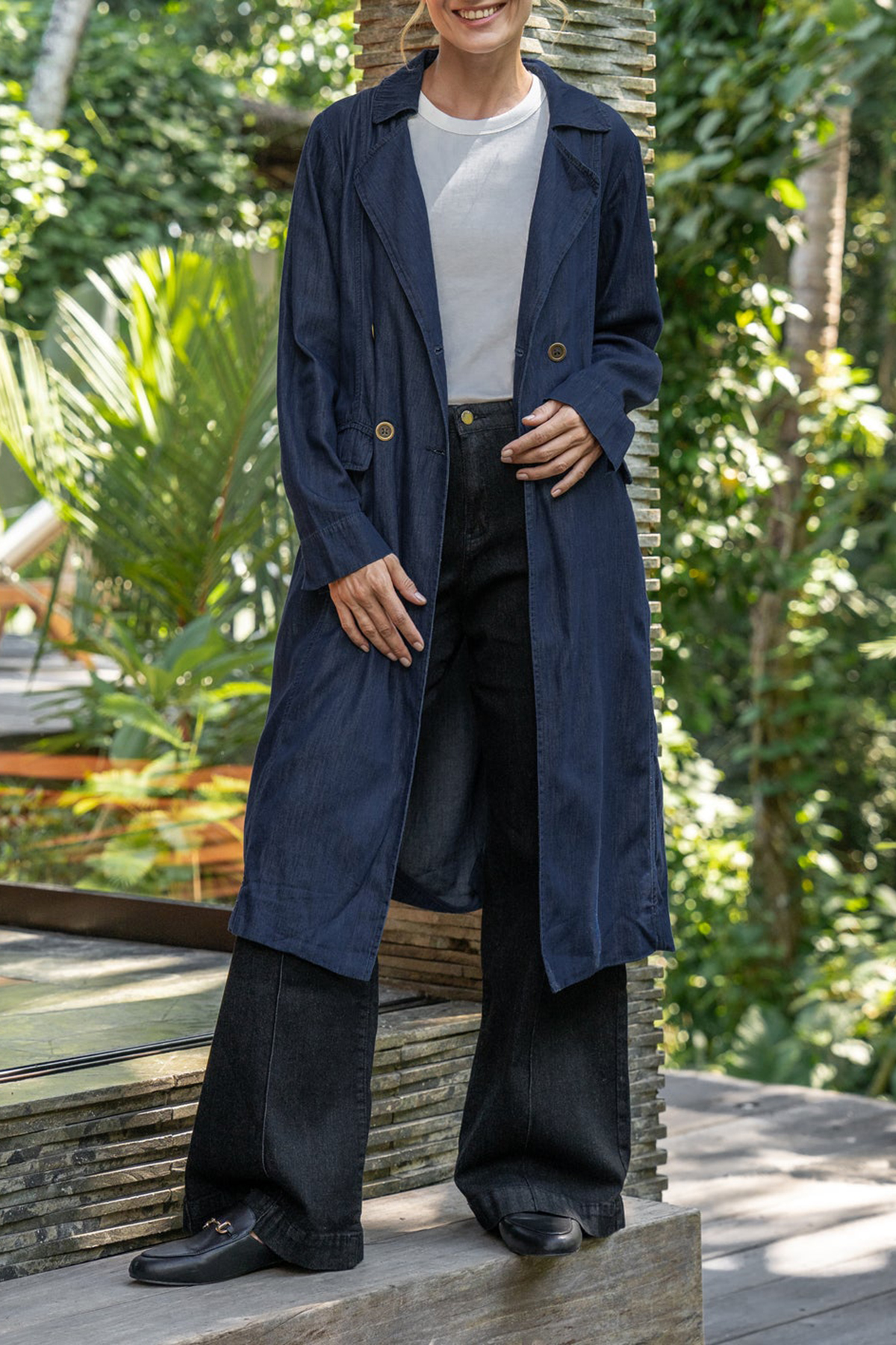 Avalee Long Line Tencel Trench Coat In Dark Wash