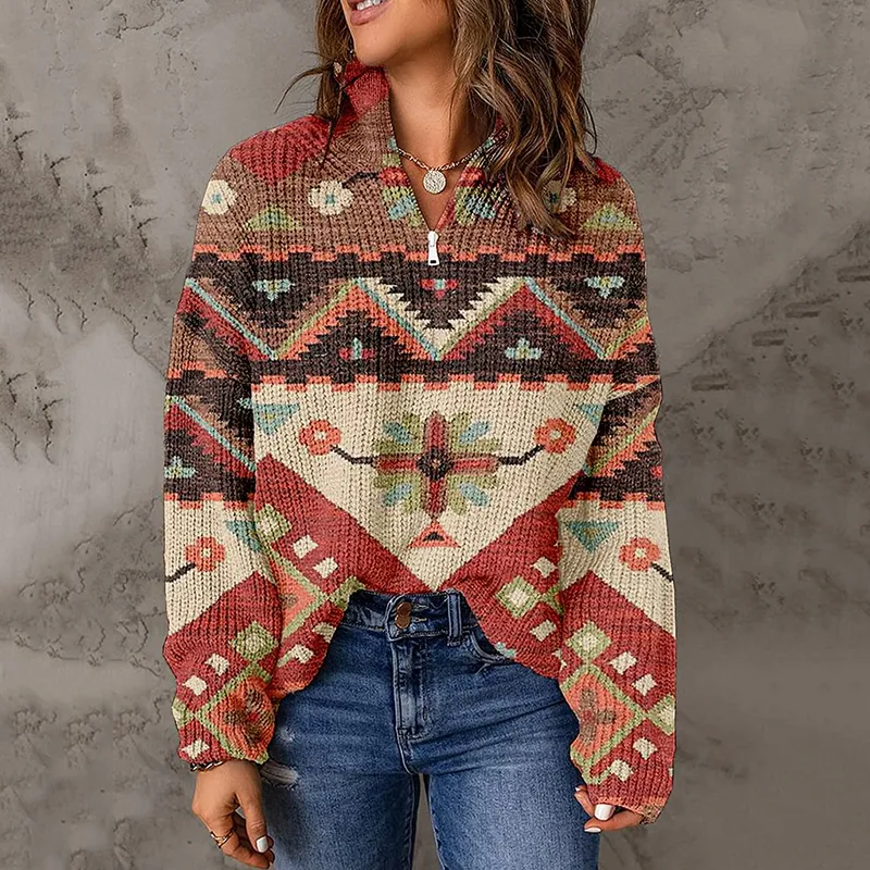 Women's Retro Ethnic Cross Print Zipper Collar Sweater